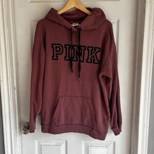 Pink Victoria's Secret Hoodie Sweatshirt Maroon Logo Pocket Drawstring Womens L